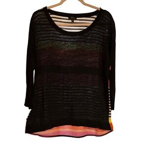 Cupid Women's Black Striped 3/4 Sleeve Top Size L Colorful Back Detail RN# 73163
